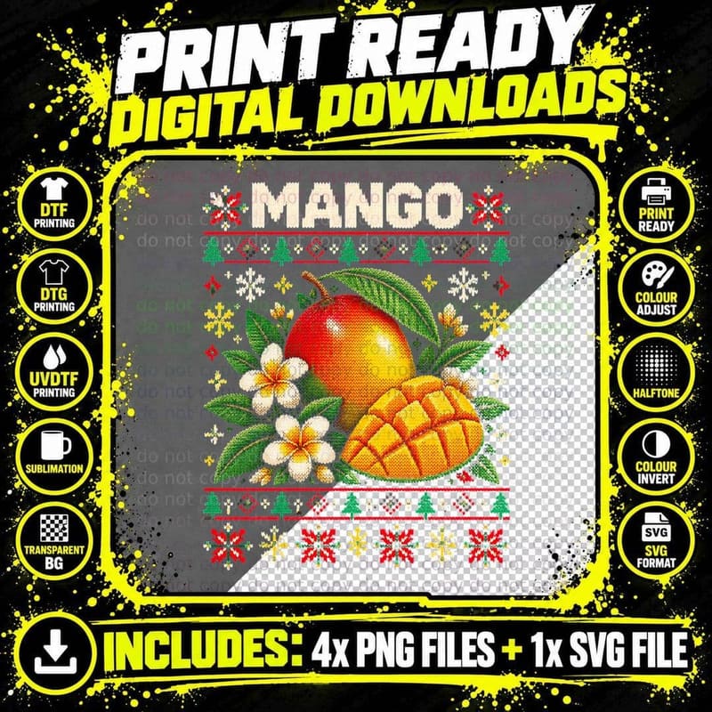 Mango Fruit Tropical Knitted Christmas Jumper Frangipani Halftone T-Shirt Png SVG Digital Bundle