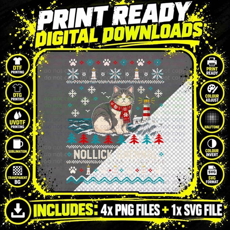 Nollick Ghennal Manx Cat Lighthouse Knitted Christmas Jumper Halftone T-Shirt Png SVG Digital Bundle