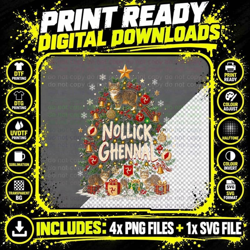 Nollick Ghennal Isle of Man Christmas Tree Manx Cats Three Legs Halftone T-Shirt Png SVG Digital Bundle