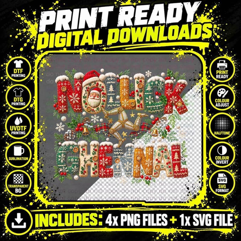 Nollick Ghennal Knit Letters Manx Three Legs Isle of Man Xmas Halftone T-Shirt Png SVG Digital Bundle