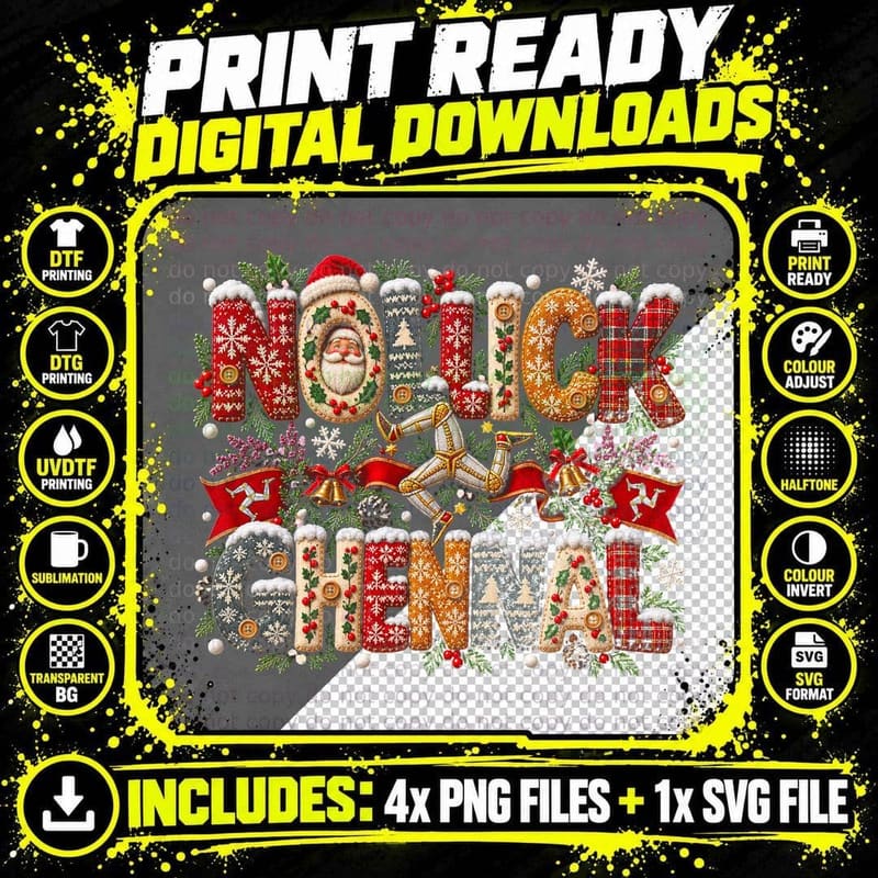 Nollick Ghennal Manx Christmas Knit Letters Three Legs Flags Halftone T-Shirt Png SVG Digital Bundle