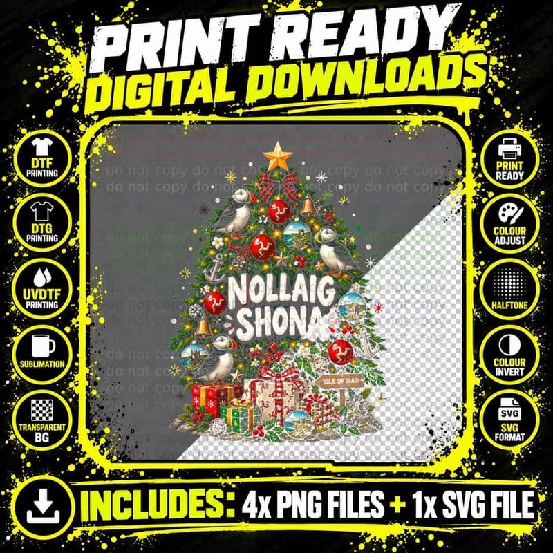 Isle of Man Christmas Tree Puffins Nollaig Shona Three Legs Halftone T-Shirt Png SVG Digital Bundle