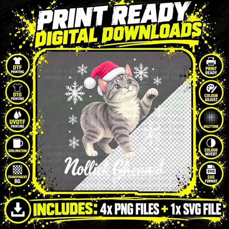 Nollick Ghennal Manx Cat Kitten Santa Hat Isle of Man Christmas Halftone T-Shirt Png SVG Digital Bundle