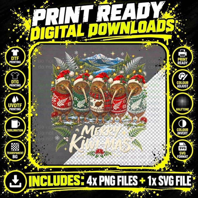 Merry Kiwi-Mas Ugly Christmas Jumper Kiwi Birds New Zealand Pun Halftone T-Shirt Png SVG Digital Bundle