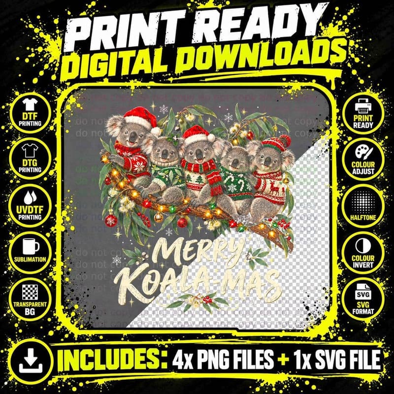 Merry Koala-Mas Koalas Ugly Christmas Sweater Australian Pun Halftone T-Shirt Png SVG Digital Bundle