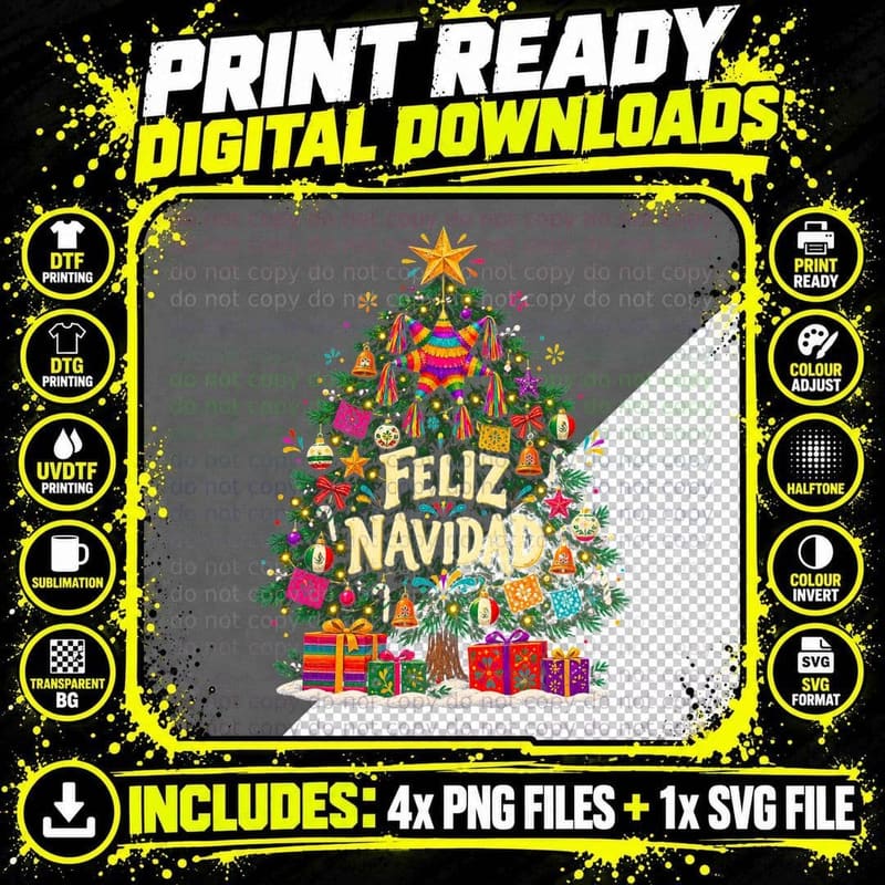 Feliz Navidad Mexican Christmas Tree Pinata Star Papel Picado Halftone T-Shirt Png SVG Digital Bundle