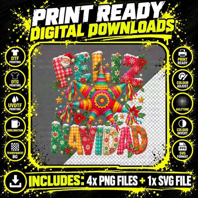 Feliz Navidad Patchwork Letters Pinata Star Mexican Christmas Halftone T-Shirt Png SVG Digital Bundle