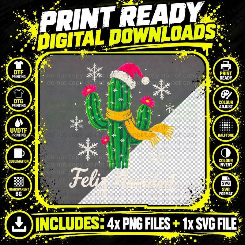 Feliz Navidad Cactus Santa Hat Scarf Funny Mexican Christmas Halftone T-Shirt Png SVG Digital Bundle