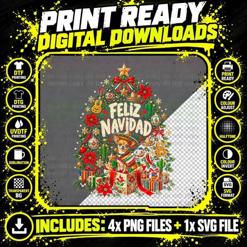 Feliz Navidad Chihuahua Sombrero Mexican Christmas Tree Dog Halftone T-Shirt Png SVG Digital Bundle