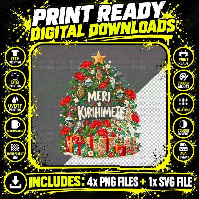 Meri Kirihimete Maori Christmas Tree Pohutukawa New Zealand Halftone T-Shirt Png SVG Digital Bundle