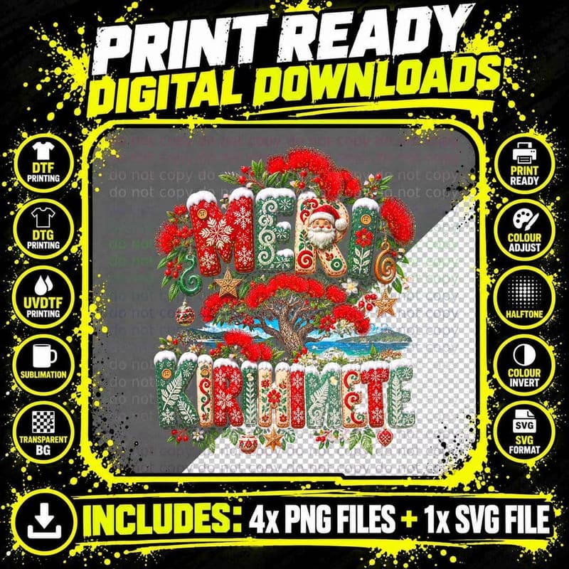 Meri Kirihimete Knitted Letters Pohutukawa Kiwi Xmas Jumper Halftone T-Shirt Png SVG Digital Bundle