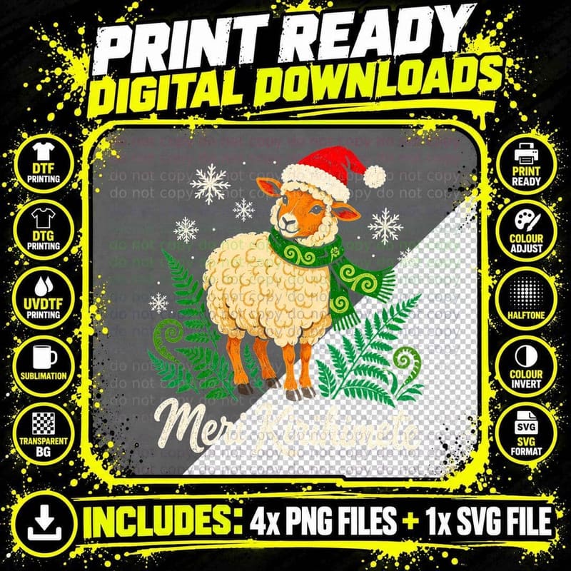 Meri Kirihimete Sheep Santa Hat Fern New Zealand Christmas Halftone T-Shirt Png SVG Digital Bundle