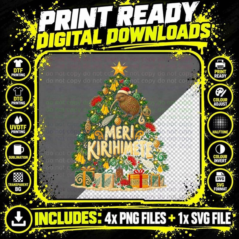 Meri Kirihimete Kiwi Bird Christmas Tree Kowhai Maori Xmas Halftone T-Shirt Png SVG Digital Bundle