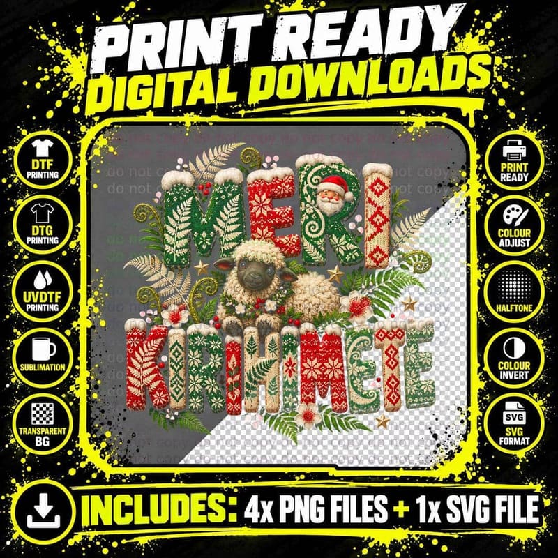 Meri Kirihimete Knit Letters Black Face Sheep Silver Fern Xmas Halftone T-Shirt Png SVG Digital Bundle