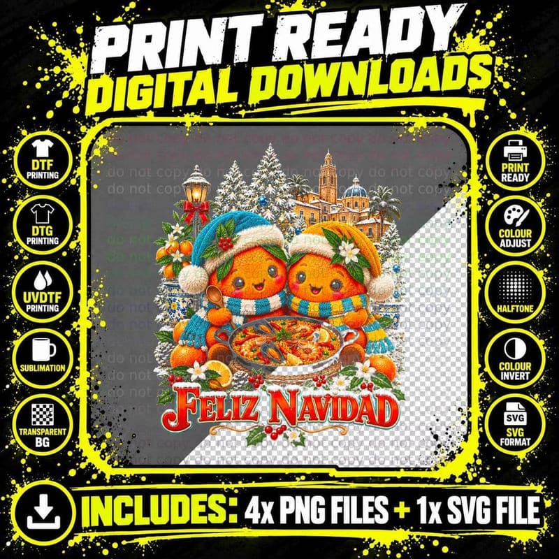 Feliz Navidad Cute Plush Oranges Paella Spanish Christmas Halftone T-Shirt Png SVG Digital Bundle