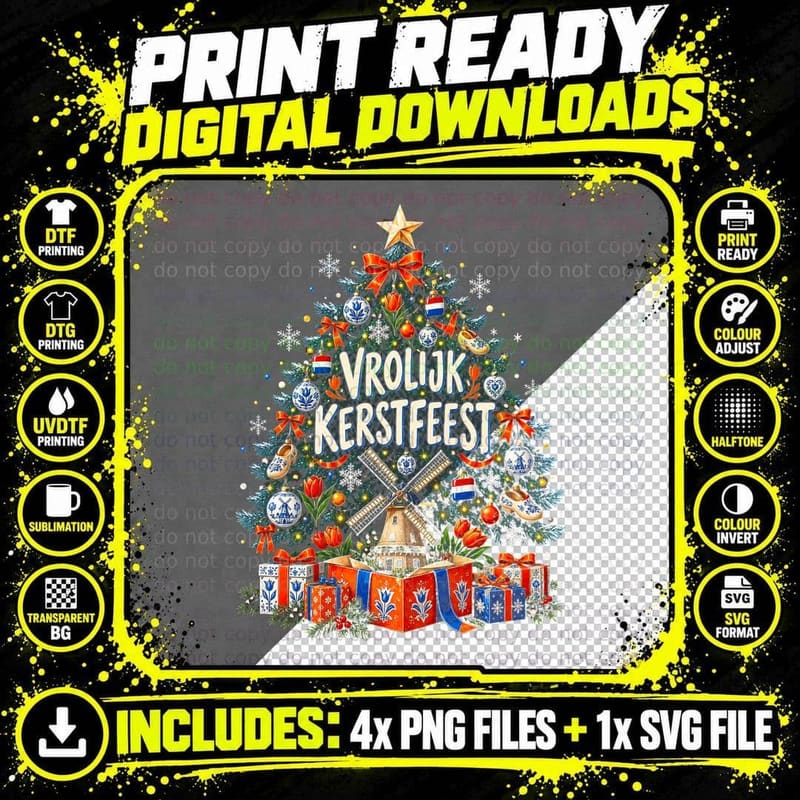 Vrolijk Kerstfeest Dutch Christmas Tree Windmill Clogs Tulips Halftone T-Shirt Png SVG Digital Bundle
