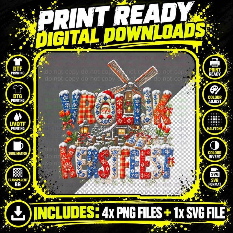 Vrolijk Kerstfeest Knitted Letters Dutch Windmill Xmas Jumper Halftone T-Shirt Png SVG Digital Bundle