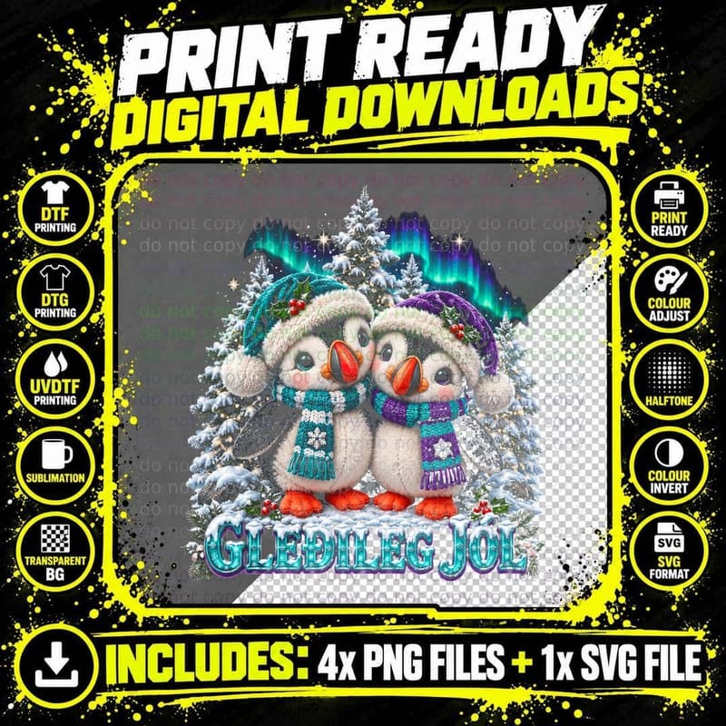 Gledileg Jol Cute Plush Puffins Northern Lights Icelandic Xmas Halftone T-Shirt Png SVG Digital Bundle