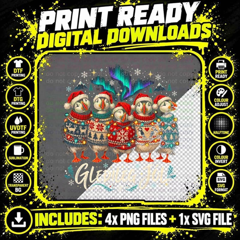 Gledileg Jol Puffins Ugly Christmas Sweater Icelandic Aurora Halftone T-Shirt Png SVG Digital Bundle