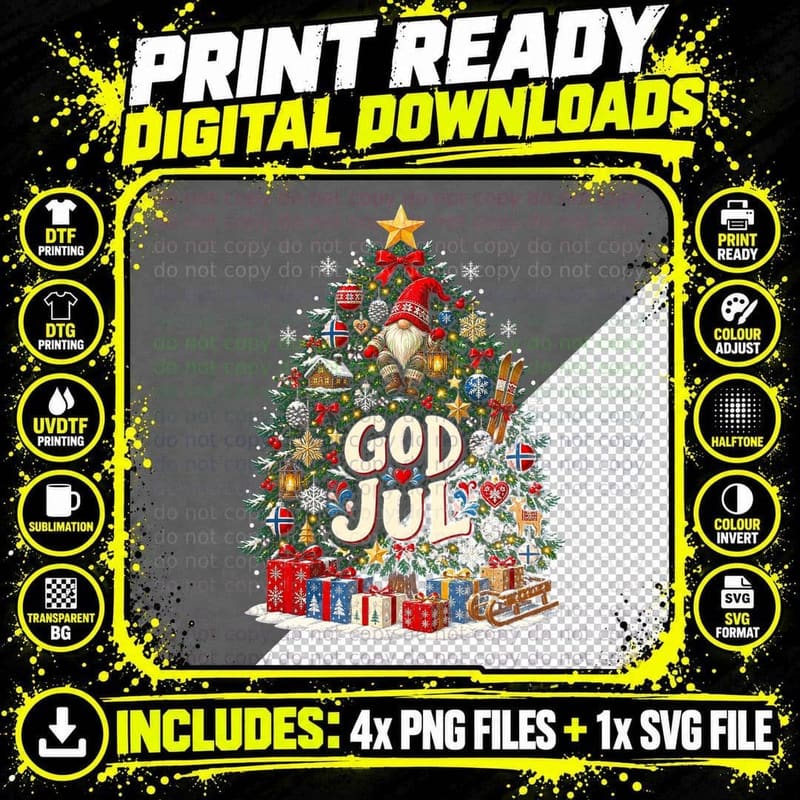 God Jul Norwegian Christmas Tree Nisse Gnome Skis Norway Flag Halftone T-Shirt Png SVG Digital Bundle