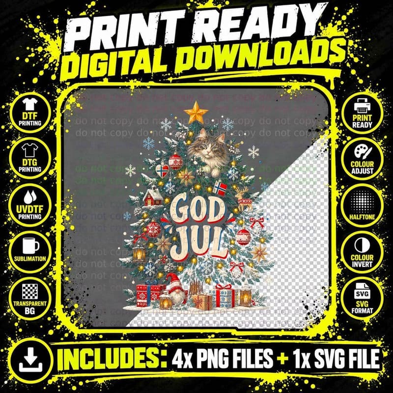 God Jul Norwegian Forest Cat Christmas Tree Topper Norway Halftone T-Shirt Png SVG Digital Bundle