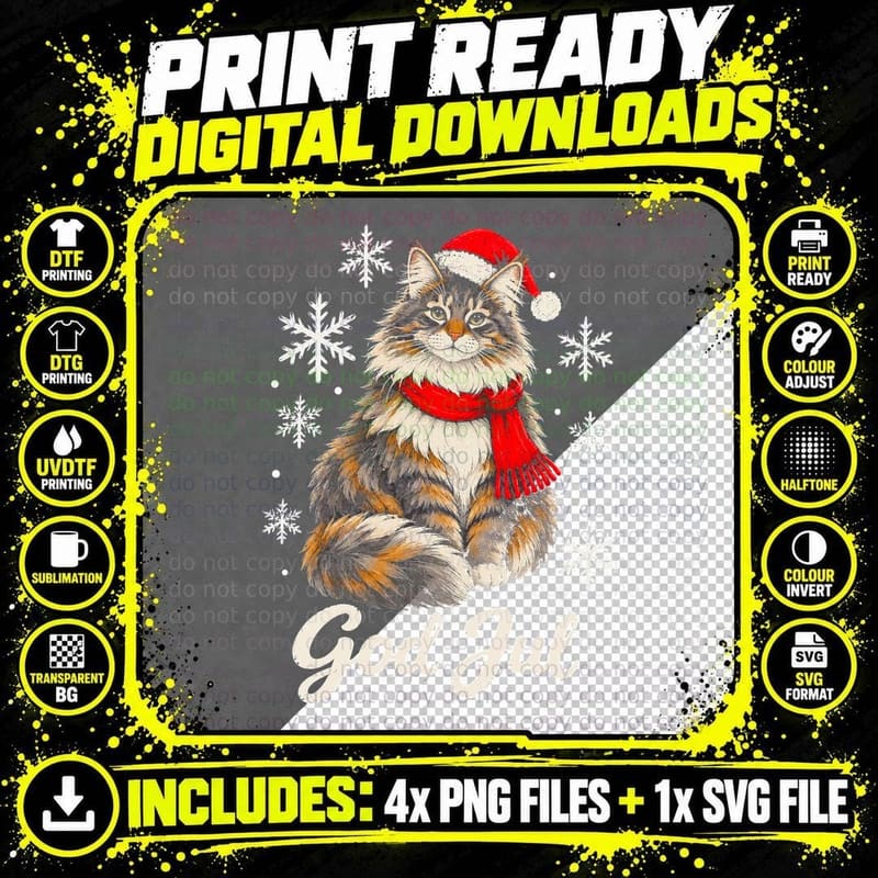 God Jul Norwegian Forest Cat in Santa Hat Red Scarf Christmas Halftone T-Shirt Png SVG Digital Bundle