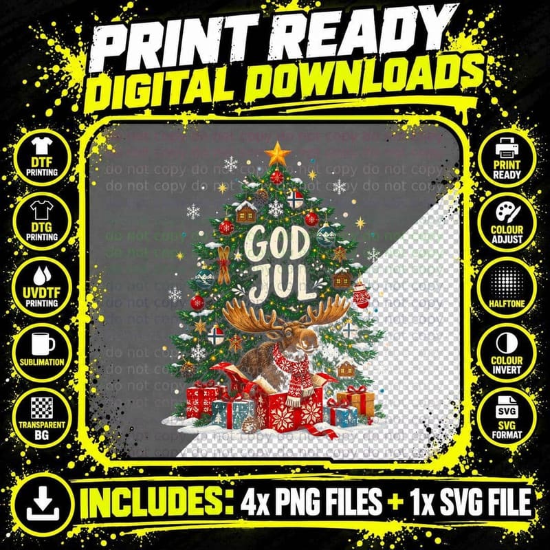 God Jul Norwegian Elk Moose Present Christmas Tree Norway Halftone T-Shirt Png SVG Digital Bundle