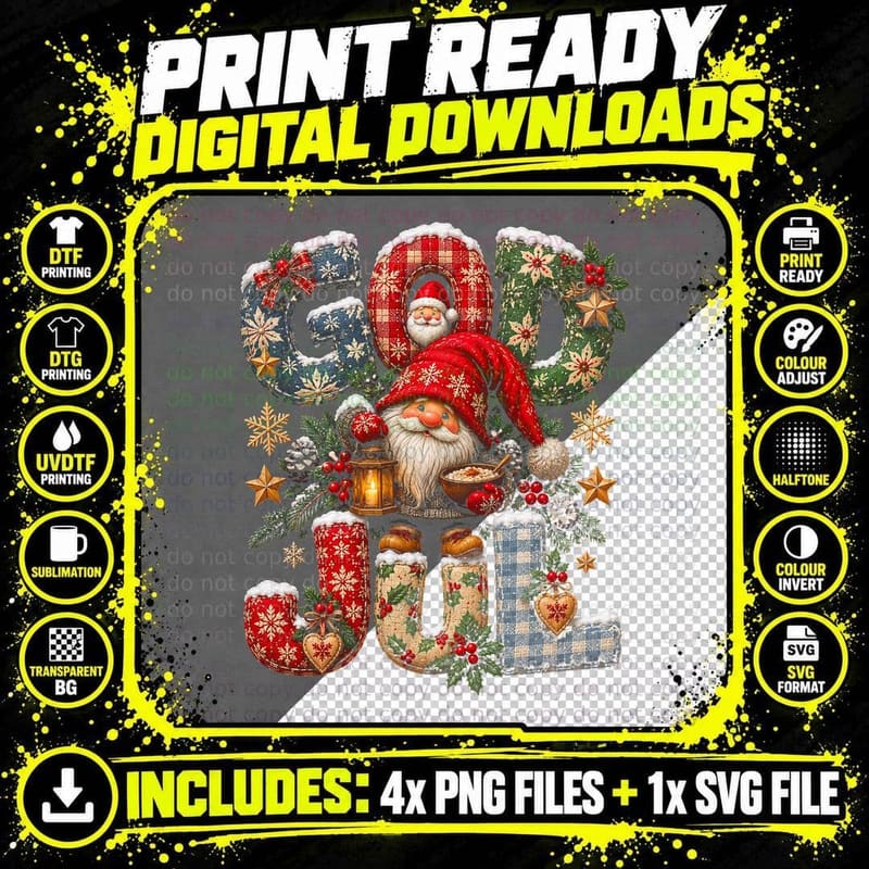 God Jul Patchwork Letters Nisse Gnome Porridge Nordic Christmas Halftone T-Shirt Png SVG Digital Bundle
