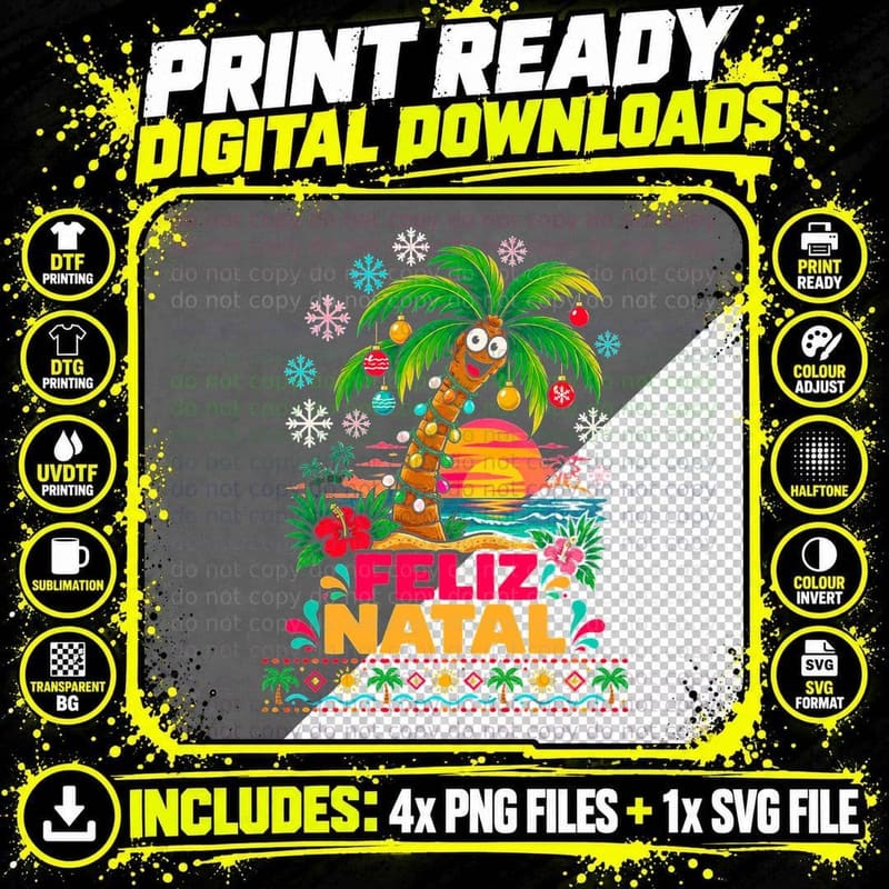 Feliz Natal Funny Palm Tree Christmas Lights Tropical Beach Halftone T-Shirt Png SVG Digital Bundle