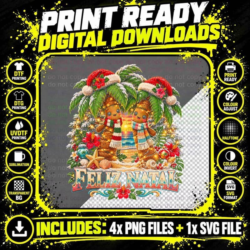 Feliz Natal Cute Plush Palm Trees Santa Hats Tropical Beach Halftone T-Shirt Png SVG Digital Bundle