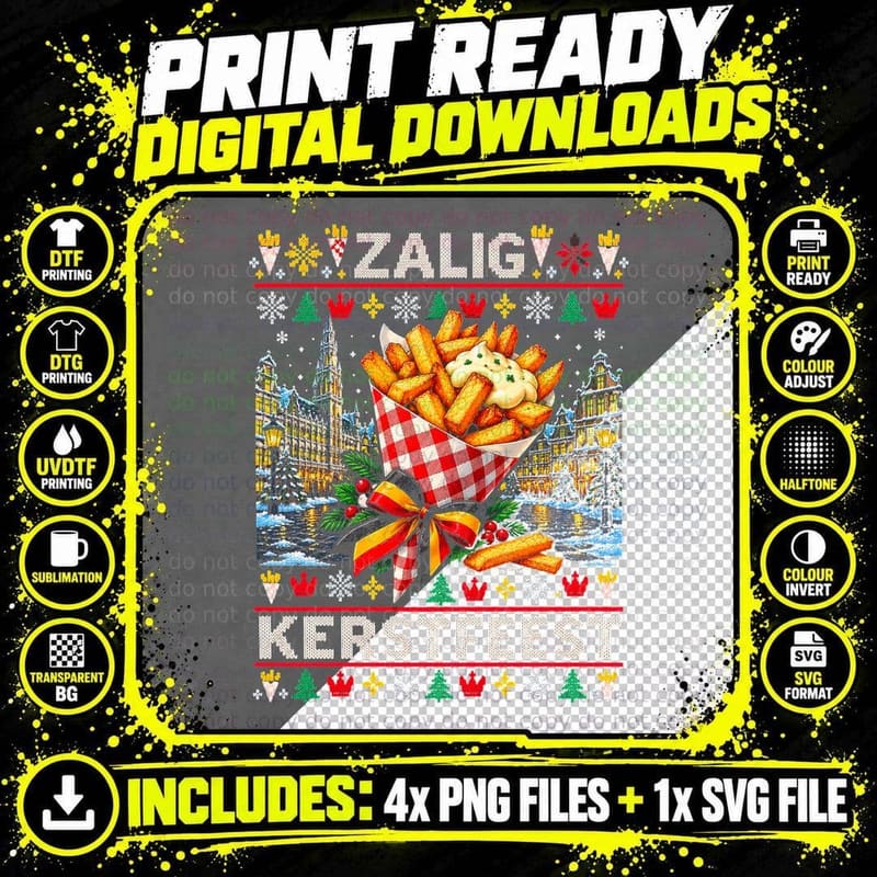 Zalig Kerstfeest Belgian Fries Brussels Ugly Christmas Sweater Halftone T-Shirt Png SVG Digital Bundle