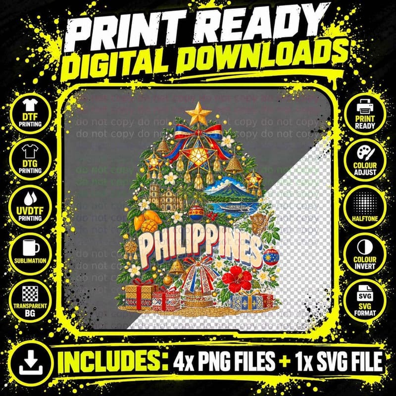 Philippines Christmas Tree Parol Star Tarsier Mango Filipino Halftone T-Shirt Png SVG Digital Bundle