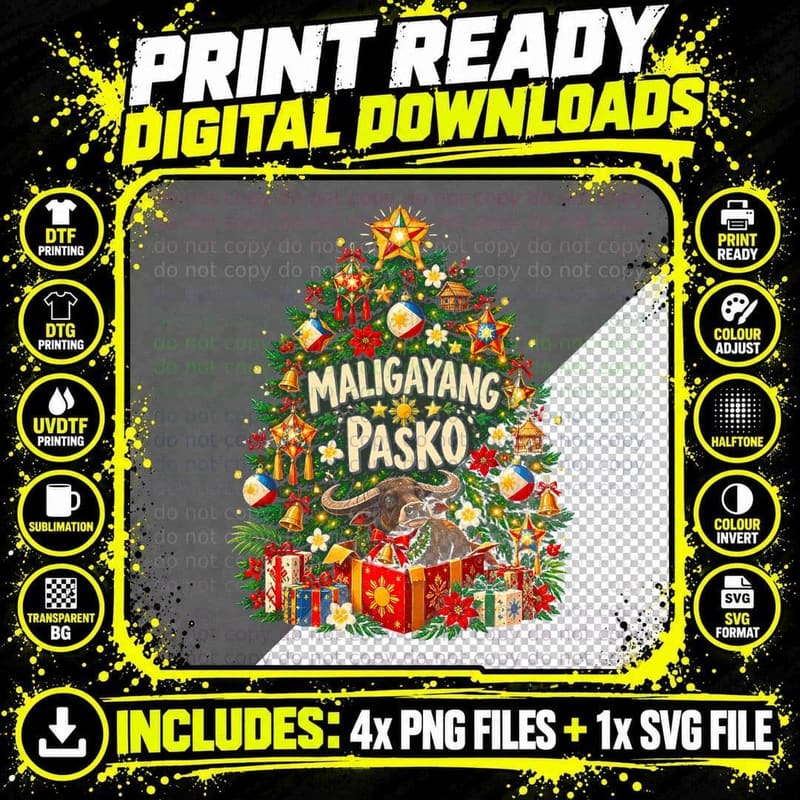 Maligayang Pasko Carabao Filipino Christmas Tree Parol Star Halftone T-Shirt Png SVG Digital Bundle