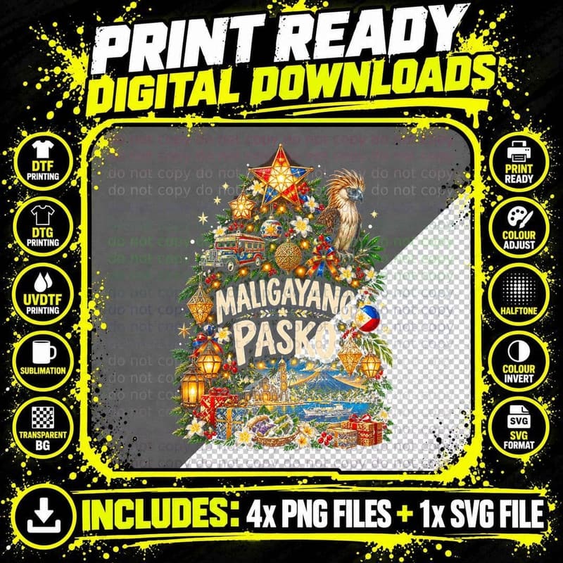 Maligayang Pasko Philippine Eagle Jeepney Christmas Tree Parol Halftone T-Shirt Png SVG Digital Bundle