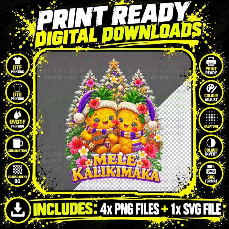 Mele Kalikimaka Cute Plush Pineapples Ukulele Hawaiian Xmas Halftone T-Shirt Png SVG Digital Bundle