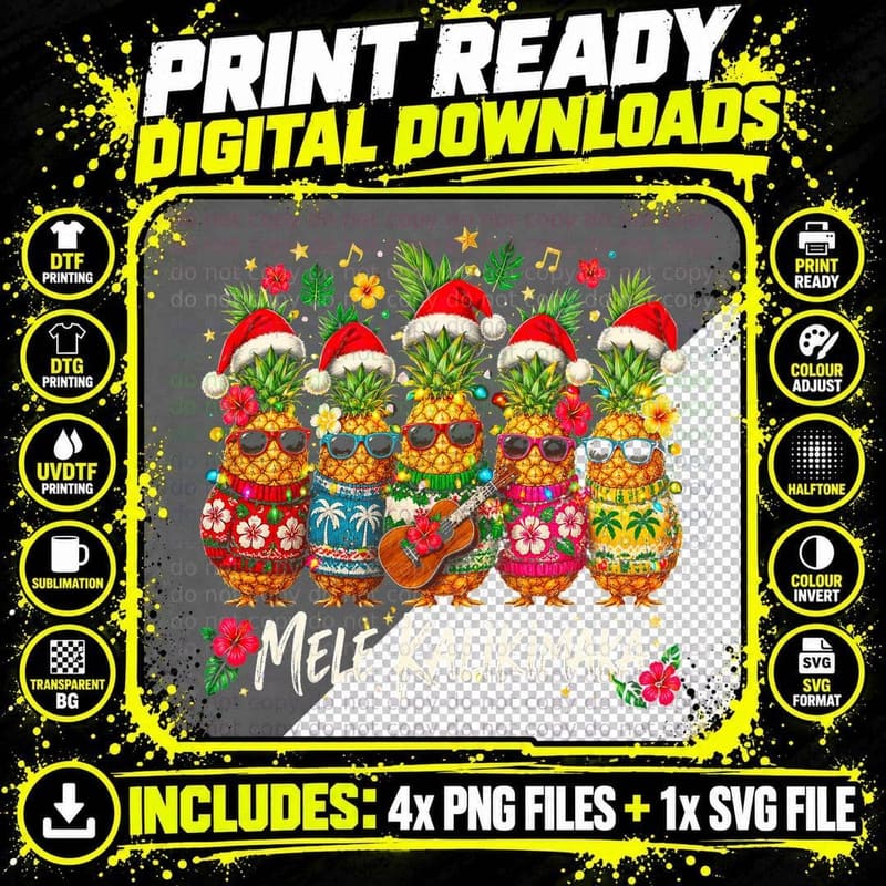 Mele Kalikimaka Pineapples Sunglasses Ugly Christmas Sweater Halftone T-Shirt Png SVG Digital Bundle