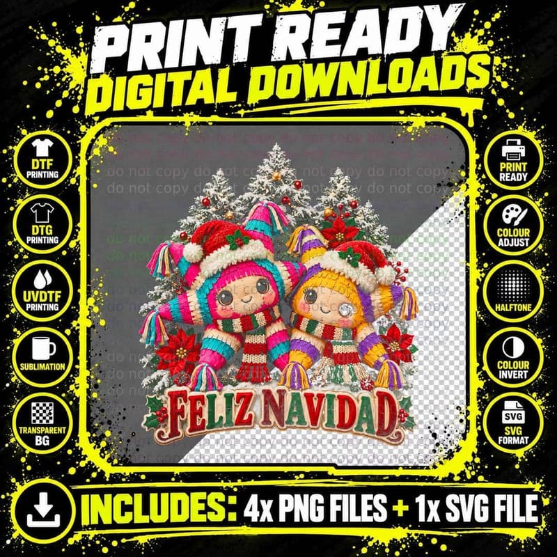 Feliz Navidad Cute Plush Pinatas Santa Hats Mexican Christmas Halftone T-Shirt Png SVG Digital Bundle