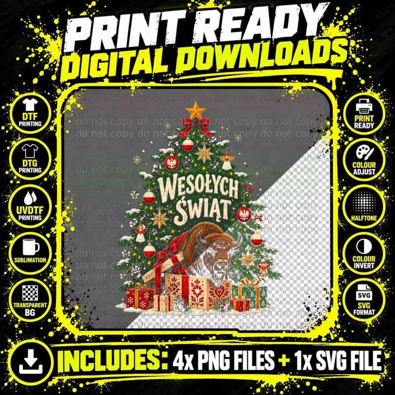 Wesolych Swiat Polish Christmas Tree Bison Eagle Baubles Poland Halftone T-Shirt Png SVG Digital Bundle