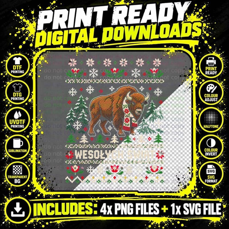 Wesolych Swiat Polish Bison Ugly Christmas Sweater Folk Knit Halftone T-Shirt Png SVG Digital Bundle