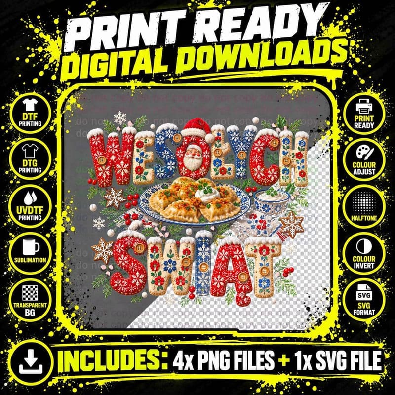 Wesolych Swiat Knitted Letters Pierogi Plate Polish Christmas Halftone T-Shirt Png SVG Digital Bundle