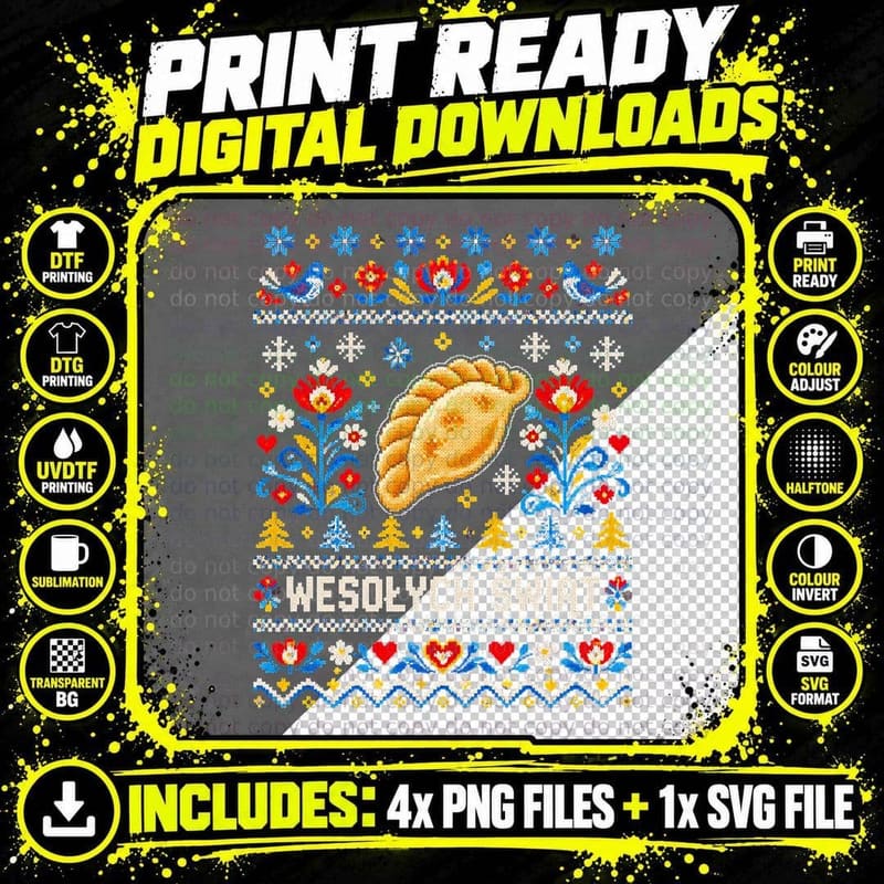 Wesolych Swiat Pierogi Polish Folk Art Ugly Christmas Sweater Halftone T-Shirt Png SVG Digital Bundle