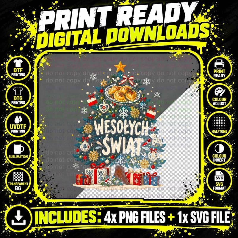 Wesolych Swiat Pierogi Topper Polish Christmas Tree Funny Food Halftone T-Shirt Png SVG Digital Bundle