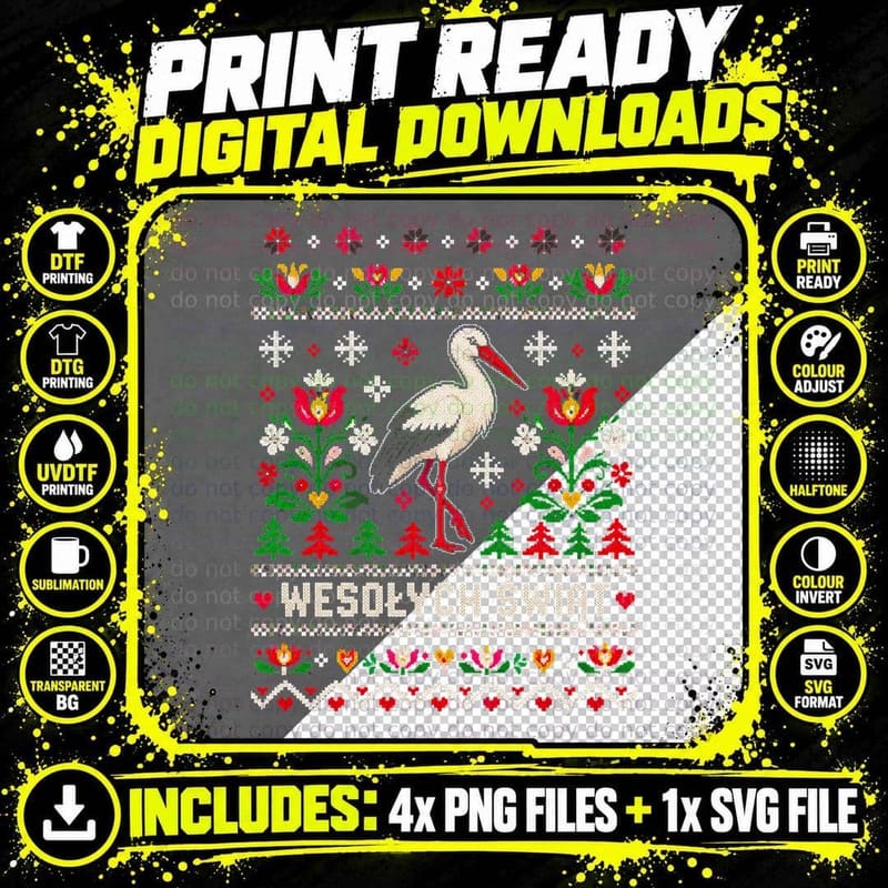 Wesolych Swiat White Stork Polish Folk Ugly Christmas Sweater Halftone T-Shirt Png SVG Digital Bundle