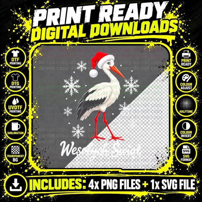 Wesolych Swiat White Stork in Santa Hat Polish Christmas Bird Halftone T-Shirt Png SVG Digital Bundle