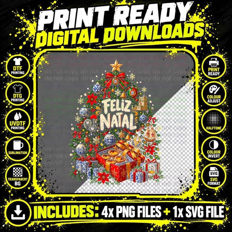 Feliz Natal Portuguese Christmas Tree Pasteis de Nata Lisbon Halftone T-Shirt Png SVG Digital Bundle