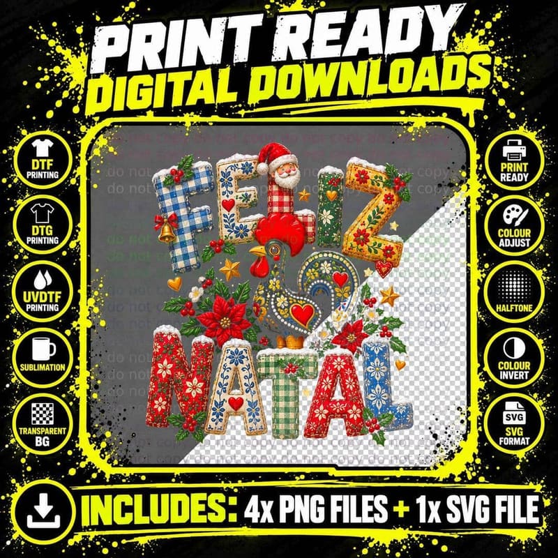 Feliz Natal Barcelos Rooster Patchwork Letters Portuguese Xmas Halftone T-Shirt Png SVG Digital Bundle