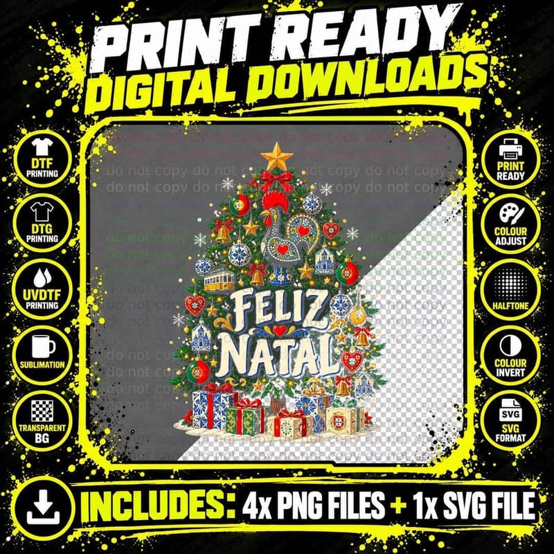Feliz Natal Portugal Christmas Tree Barcelos Rooster Tram Halftone T-Shirt Png SVG Digital Bundle