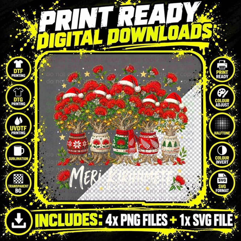 Meri Kirihimete Pohutukawa Trees in Christmas Jumpers Santa Hat Halftone T-Shirt Png SVG Digital Bundle