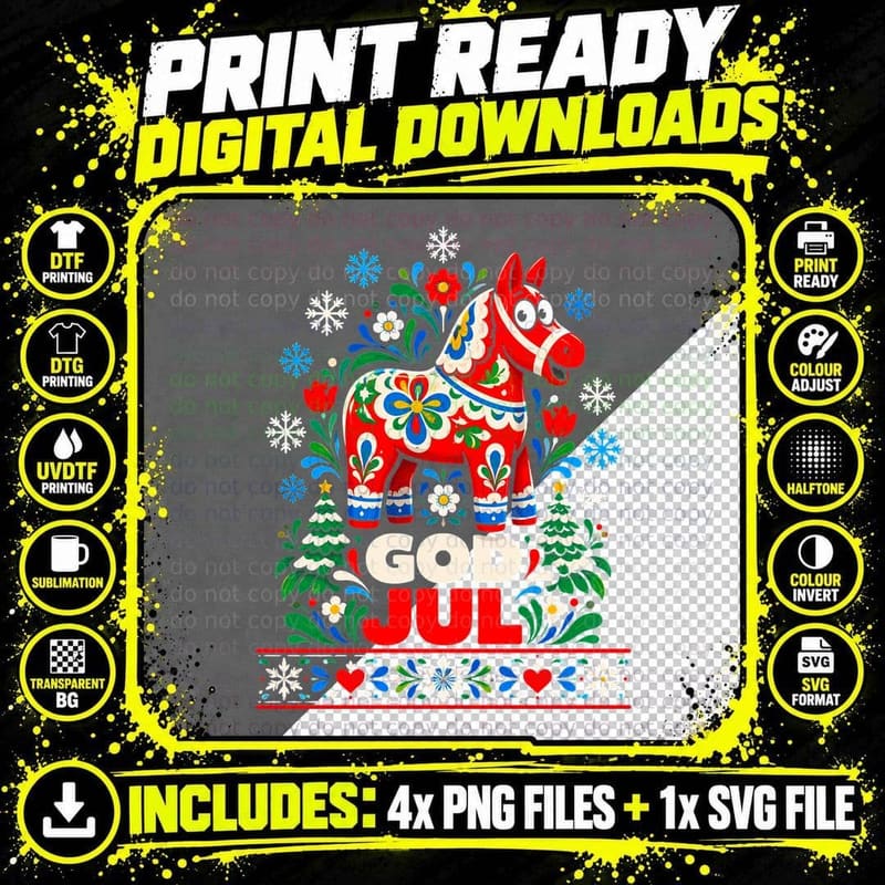 God Jul Red Dala Horse Swedish Folk Art Christmas Funny Face Halftone T-Shirt Png SVG Digital Bundle