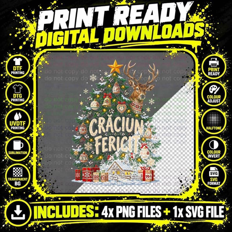 Craciun Fericit Romania Christmas Tree Stag Deer Folk Scarf Halftone T-Shirt Png SVG Digital Bundle